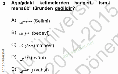 3. soru: Aşağıdakı kelimelerden hangisi "ism-i mensûb" türünden değildir? A) gulu (Selimi) je B) Sgl (bedevi) C) S șirs (ma'ne…
