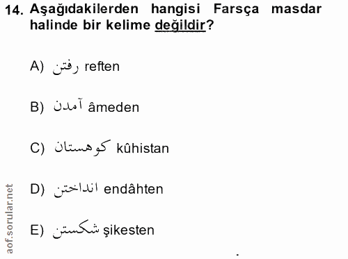 14. soru: Aşağıdakilerden hangisi Farsça masdar halinde bir kelime değildir? A) j, reften B) jol âmeden C) ¿lüms5 kûhistan D) ¿…