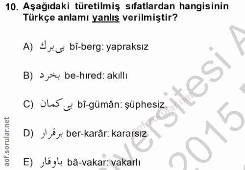 10. soru: Aşağıdaki türetilmiş sıfatlardan hangisinin Türkçe anlamı yanlış verilmiştir? A) Iyis: bi-berg: yapraksız B) s,ie, be…