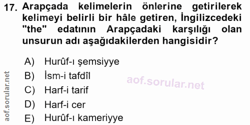 17. soru: Arapçada kelimelerin önlerine getirilerek kelimeyi belirli bir hâle getiren, İngilizcedeki "the" edatının Arapçadaki…