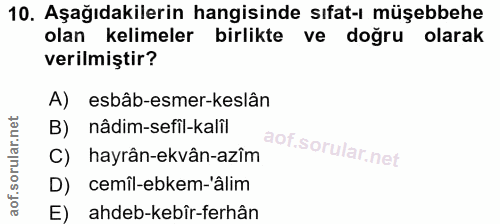 10. soru: Aşağıdakilerin hangisinde sıfat-ı müşebbehe olan kelimeler birlikte ve doğru olarak verilmiştir? A) esbâb-esmer-keslâ…