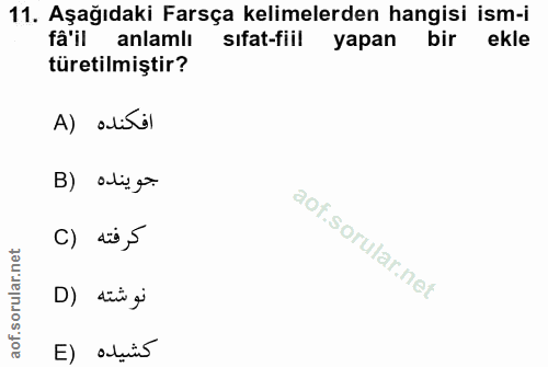 11. soru: Aşağıdaki Farsça kelimelerden hangisi ism-i fâ'il anlamlı sıfat-fiil yapan bir ekle türetilmiştir? A) alisil جوينده (…