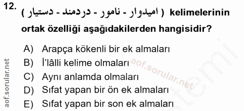 12. soru: (abina-diss, a- yyali- ylal) kelimelerinin ortak özelliği aşağıdakilerden hangisidir? A) Arapça kökenli bir ek almala…