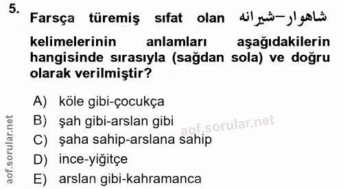 5. soru: Farsça türemis sifat olan شاهوار -شيرانه kelimelerinin anlamları aşağıdakilerin hangisinde sırasıyla (sağdan sola) ve…