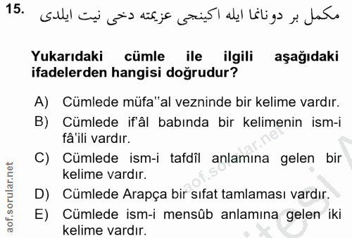 15. soru: مكمل بر دونانما ايله اكينجى عزيمته دخى نيت ايلدى .15 Yukarıdaki cümle ile ilgili aşağıdaki ifadelerden hangisi doğrud…
