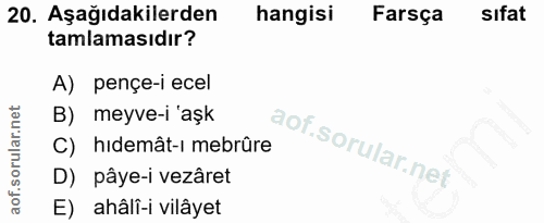 20. soru: Aşağıdakilerden hangisi Farsça sıfat tamlamasıdır? A) pençe-i ecel B) meyve-i 'aşk C) hidemât-i mebrûre D) pâye-i vez…