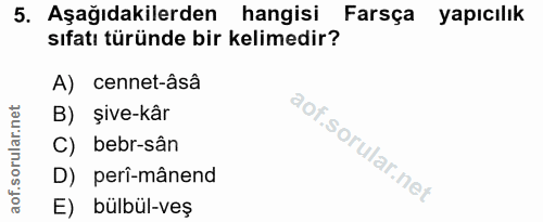 5. soru: Aşağıdakilerden hangisi Farsça yapıcılık sıfatı türünde bir kelimedir? A) cennet-âsâ B) şive-kâr C) bebr-sân D) perî-…