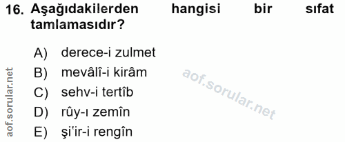 16. soru: Aşağıdakilerden hangisi bir sıfat tamlamasıdır? A) derece-i zulmet B) mevâli-i kirâm C) sehv-i tertib D) rûy-ı zemîn…