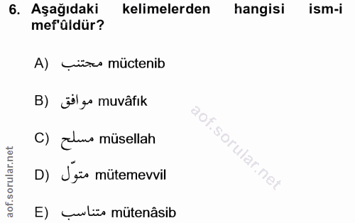 6. soru: Aşağıdaki kelimelerden hangisi ism-i mef aldür? A) Mütes müctenib B) älgo muvâfık C) Tlus müsellah sorular.nei D) Jgü…
