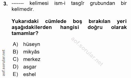 3. soru: -- kelimesi ism-i tasgîr grubundan bir kelimedir. Yukarıdaki cümlede boş bırakılan yeri aşağıdakilerden hangisi doğru…
