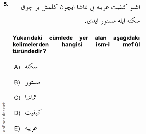 5. soru: اشبو كيفيت غريبه لي تماشا ايجون كلمش بر جوق سكنه ايله مستور ايدى. Yukarıdaki cümlede yer alan aşağıdaki kelimelerden…