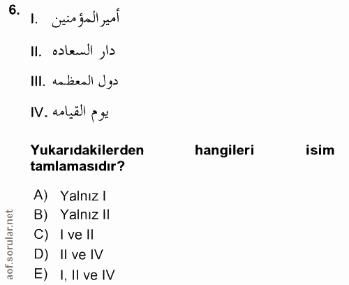 6. soru: أمير المؤمنين .١ دار السعاده .١١ دول المعظمه .III يوم القيامه .IV Yukarıdakilerden hangileri isim tamlamasıdır? A) Ya…