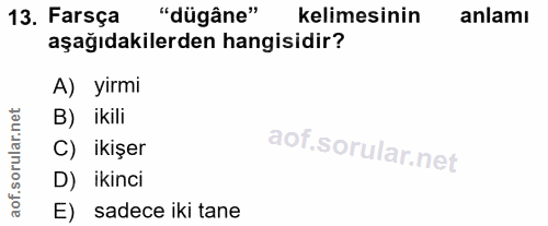 13. soru: Farsça "dügâne" kelimesinin anlamı aşağıdakilerden hangisidir? A) yirmi B) ikili C) ikişer D) ikinci E) sadece iki tane