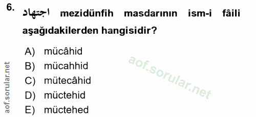 6. soru: fio mezidünfih masdarının ism-i fâili aşağıdakilerden hangisidir? A) mücâhid B) mücahhid C) mütecâhid D) müctehid E)…