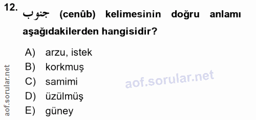 12. soru: U4. (cenüb) kelimesinin doğru anlamı aşağıdakilerden hangisidir? A) arzu, istek B) korkmuş C) samimi D) üzülmüş E) güney