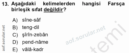 13. soru: Aşağıdaki kelimelerden hangisi Farsça birleşik sıfat değildir? A) sîne-sâf B) teng-dil C) şîrîn-zebân D) pend-nâme E)…