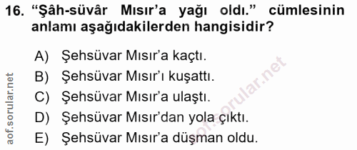16. soru: "Şâh-süvâr Mısır'a yağı oldı." cümlesinin anlamı aşağıdakilerden hangisidir? A) Şehsüvar Mısır'a kaçtı. B) Şehsüvar M…