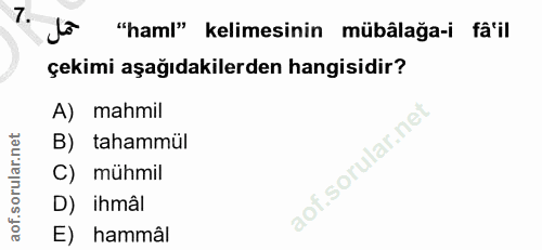7. soru: "haml" kelimesinin mübâlağa-i fâ'il çekimi aşağıdakilerden hangisidir? A) mahmil B) tahammül C) mühmil D) ihmâl E) ha…