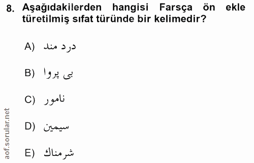 8. soru: Aşağıdakilerden hangisi Farsça ön ekle türetilmiş sıfat türünde bir kelimedir? A) lis ›j' B) !95 5 C) sasli D) ¿ram E…