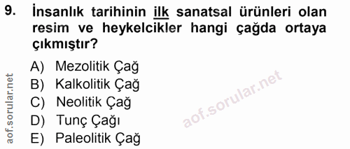 9. soru: İnsanlık tarihinin ilk sanatsal ürünleri olan resim ve heykelcikler hangi çağda ortaya çıkmıştır? A) Mezolitik Çağ B)…