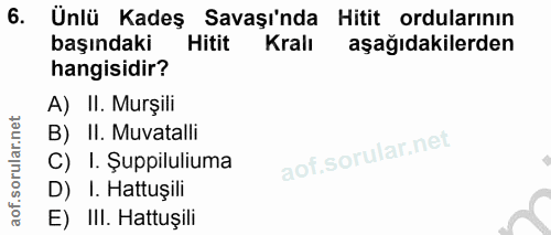 6. soru: Ünlü Kadeş Savaşı'nda Hitit ordularının başındaki Hitit Kralı aşağıdakilerden hangisidir? A) II. Murşili B) II. Muvat…