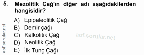5. soru: Mezolitik Çağ'ın diğer adı aşağıdakilerden hangisidir? A) Epipaleolitik Çağ B) Demir çağı C) Kalkolitik Çağ D) Neolit…