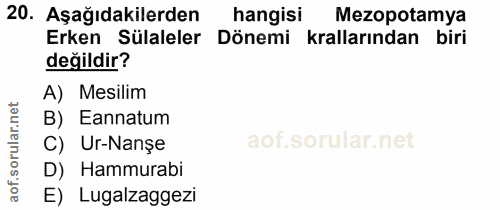 20. soru: Aşağıdakilerden hangisi Mezopotamya Erken Sülaleler Dönemi krallarından biri değildir? A) Mesilim B) Eannatum C) Ur-N…