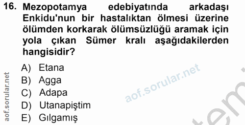 16. soru: Mezopotamya edebiyatında arkadaşı Enkidu'nun bir hastalıktan ölmesi üzerine ölümden korkarak ölümsüzlüğü aramak için…