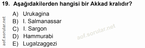 19. soru: Aşağıdakilerden hangisi bir Akkad kralıdır? A) Urukagina B) I. Salmanassar C) I. Sargon D) Hammurabi E) Lugalzaggezi
