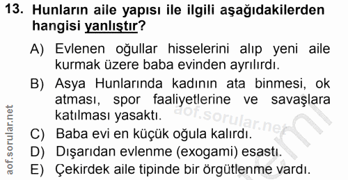 13. soru: Hunların aile yapısı ile ilgili aşağıdakilerden hangisi yanlıştır? A) Evlenen oğullar hisselerini alıp yeni aile kurm…