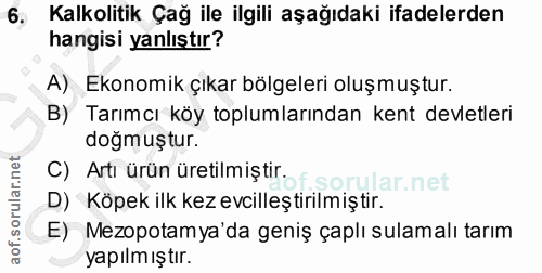 6. soru: Kalkolitik Çağ ile ilgili aşağıdaki ifadelerden hangisi yanlıştır? A) Ekonomik çıkar bölgeleri oluşmuştur. B) Tarımcı…