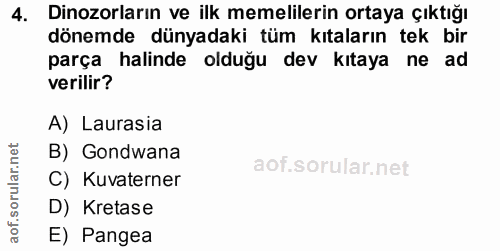 4. soru: Dinozorların ve ilk memelilerin ortaya çıktığı dönemde dünyadaki tüm kıtaların tek bir parça halinde olduğu dev kıtay…