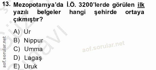 13. soru: Mezopotamya'da i.Ö. 3200'lerde görülen ilk yazılı belgeler hangi şehirde ortaya çıkmıştır? A) Ur B) Nippur C) Umma D)…