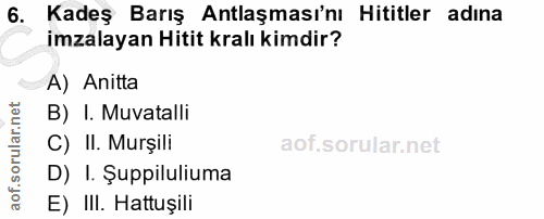 6. soru: Kadeş Barış Antlaşması'nı Hititler adına imzalayan Hitit kralı kimdir? A) Anitta B) I. Muvatalli C) II. Murşili D) I.…