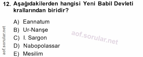 12. soru: Aşağıdakilerden hangisi Yeni Babil Devleti krallarından biridir? A) Eannatum B) Ur-Nanșe C) I. Sargon D) Nabopolassar…