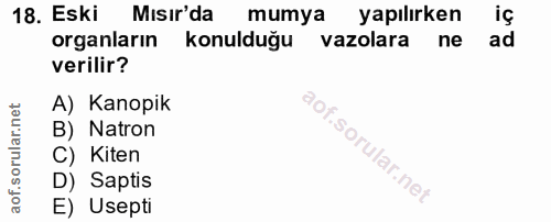 18. soru: Eski Mısır'da mumya yapılırken iç organların konulduğu vazolara ne ad verilir? A) Kanopik B) Natron C) Kiten D) Sapti…