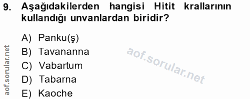 9. soru: Aşağıdakilerden hangisi Hitit krallarının kullandığı unvanlardan biridir? A) Panku($) B) Tavananna C) Vabartum D) Tab…