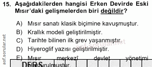 15. soru: Aşağıdakilerden hangisi Erken Devirde Eski Mısır'daki gelişmelerden biri değildir? A) Mısır sanatı klasik biçimine ka…