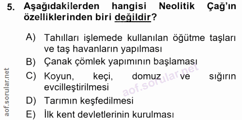 5. soru: Aşağıdakilerden hangisi Neolitik Çağ'ın özelliklerinden biri değildir? A) Tahılları işlemede kullanılan öğütme taşlar…