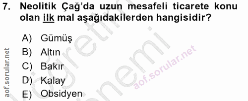 7. soru: Neolitik Çağ'da uzun mesafeli ticarete konu olan ilk mal aşağıdakilerden hangisidir? A) Gümüş B) Altın C) Bakır D) Ka…
