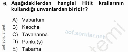 6. soru: Aşağıdakilerden hangisi Hitit krallarının kullandığı unvanlardan biridir? A) Vabartum B) Kaoche C) Tavananna D) Panku…