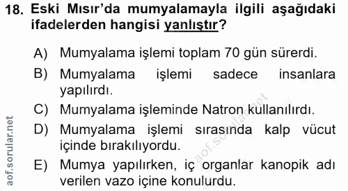 18. soru: Eski Mısır'da mumyalamayla ilgili aşağıdaki ifadelerden hangisi yanlıştır? A) Mumyalama işlemi toplam 70 gün sürerdi.…