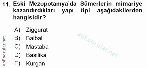 11. soru: Eski Mezopotamya'da Sümerlerin mimariye kazandırdıkları yapı tipi aşağıdakilerden hangisidir? A) Ziggurat B) Balbal C…