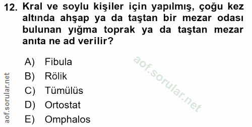 12. soru: Kral ve soylu kişiler için yapılmış, çoğu kez altında ahşap ya da taştan bir mezar odası bulunan yığma toprak ya da t…
