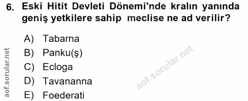 6. soru: Eski Hitit Devleti Dönemi'nde kralın yanında geniş yetkilere sahip meclise ne ad verilir? A) Tabarna B) Panku(§) C) E…