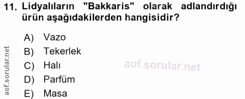 11. soru: Lidyalıların "Bakkaris" olarak adlandırdığı ürün aşağıdakilerden hangisidir? A) Vazo B) Tekerlek C) Halı aot. D) Parf…