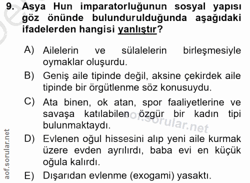 9. soru: Asya Hun imparatorluğunun sosyal yapısı göz önünde bulundurulduğunda aşağıdaki ifadelerden hangisi yanlıştır? A) Aile…
