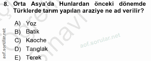 8. soru: Orta Asya'da Hunlardan önceki dönemde Türklerde tarım yapılan araziye ne ad verilir? A)- Yoz B) Batik Kaoche D) Tarıg…
