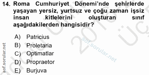 14. soru: Roma Cumhuriyet Dönemi'nde şehirlerde yaşayan yersiz, yurtsuz ve çoğu zaman işsiz insan kitlelerini oluşturan sınıf a…