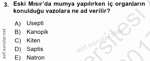 3. soru: Eski Mısır'da mumya yapılırken iç organların konulduğu vazolara ne ad verilir? A) Usepti B) Kanopik C) Kiten aof.soru…